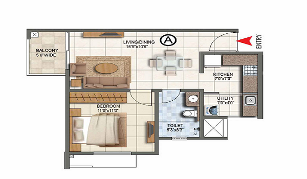 1 BHK floor plan at Purva Brookshire, Hennur Main Road &mdash; 650 &ndash; 800 sq.ft.
