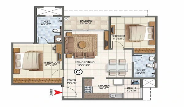2 BHK floor plan at Purva Brookshire, Hennur Main Road &mdash; 1,050 &ndash; 1,350 sq.ft.