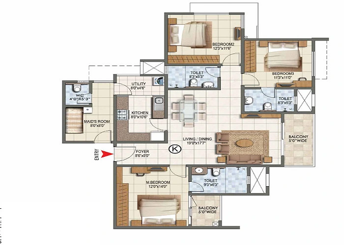 3 BHK floor plan at Purva Brookshire, Hennur Main Road &mdash; 1,600 &ndash; 2,000 sq.ft.
